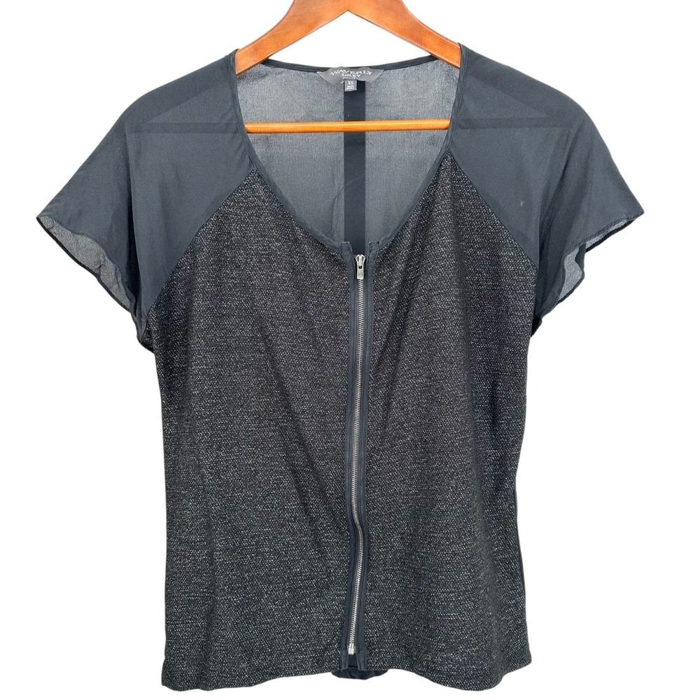 WAVERLY GREY Zipper Front Top Black Sheer Back & Short‎ Sleeves Women's XS